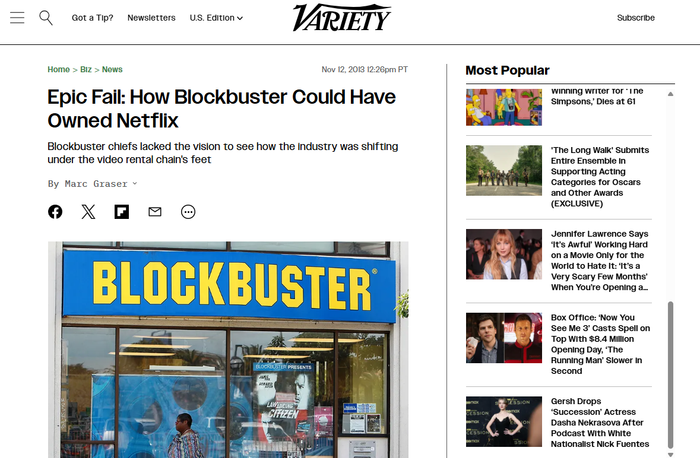 Screenshot of a Variety news article titled 'Epic Fail: How Blockbuster Could Have Owned Netflix,' showing the prominent blue and yellow 'BLOCKBUSTER' store sign.
